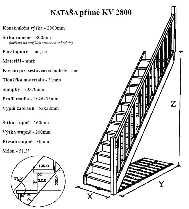 Schodiště Nataša přímé š. 800 v. 2800mm