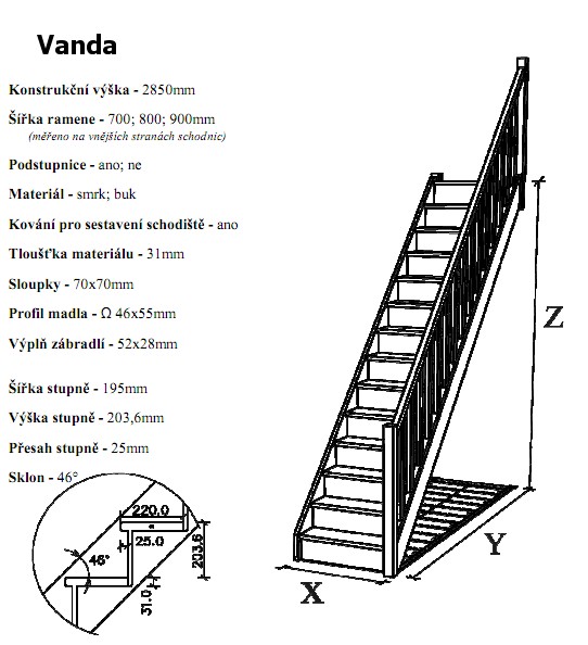 Přímé schodiště Vanda 700x2675x2800