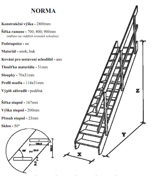 Přímé schodiště Norma, š. 900mm, v. 3200mm